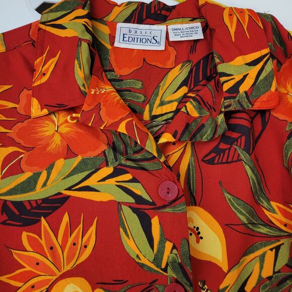 Basic Editions Vintage Red Tropical Floral Women's Short Sleeve Top Size Small - Picture 7 of 7